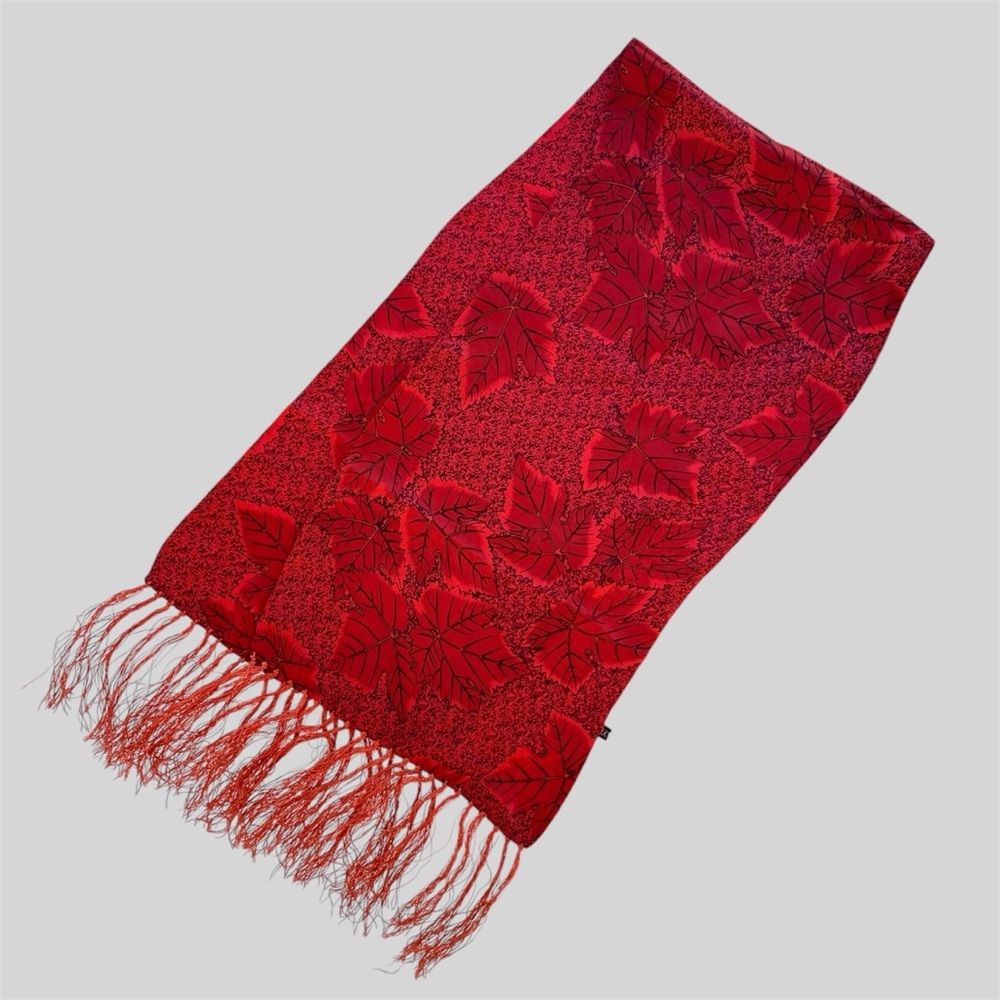 Red 100% Silk Leaf Print Fringed Scarf